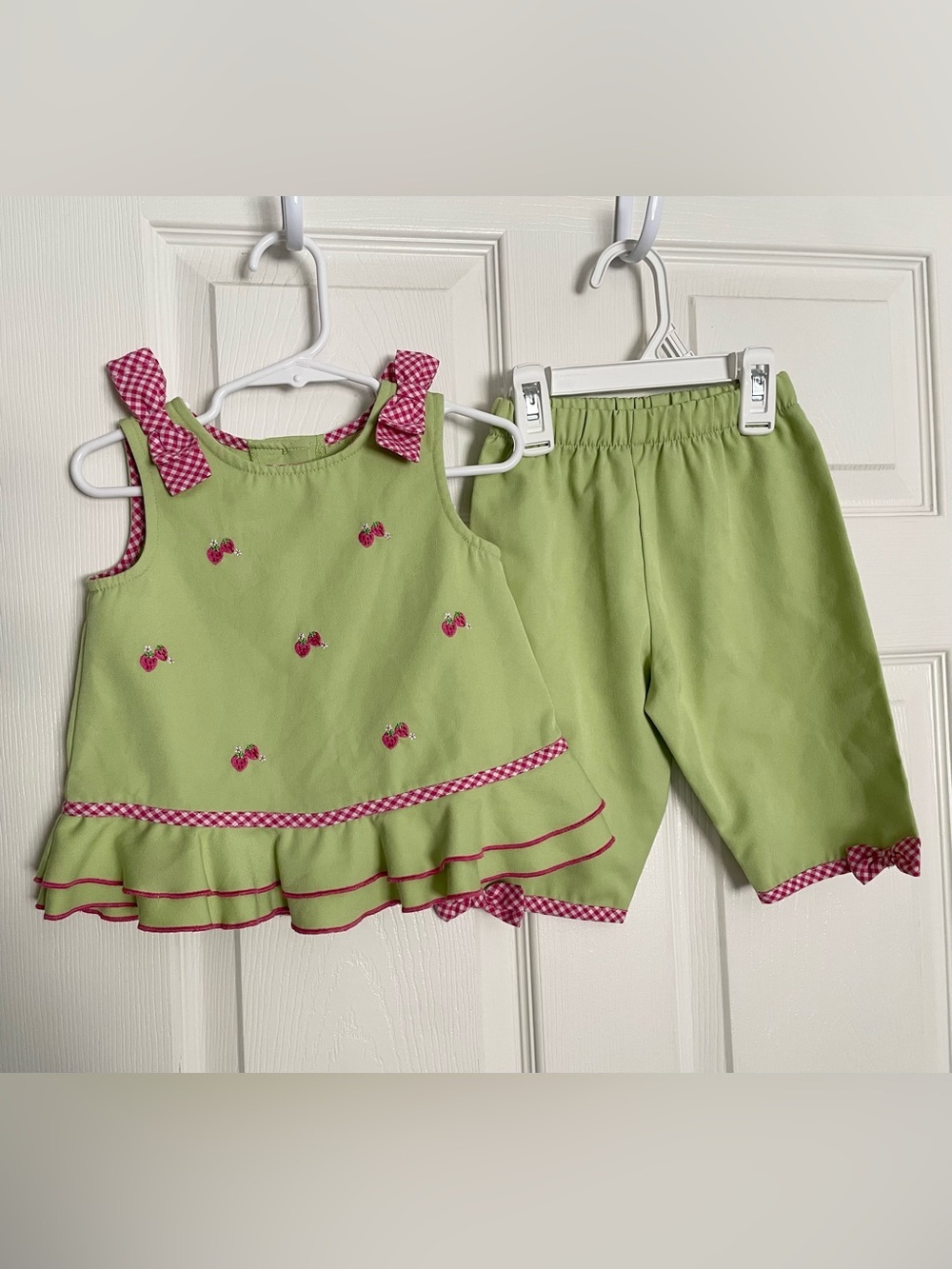 Green with Red Gingham Trim Two-Piece Toddler Outfit with Strawberry Embroidery